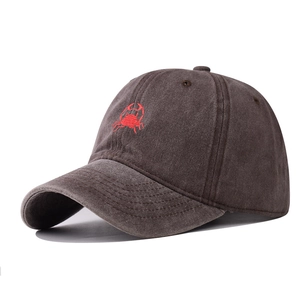 Macro view of washed cotton baseball cap texture and red crab embroidery detail