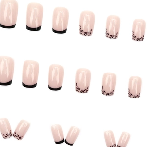 French leopard print short square press-on nails in nude pink and black finish