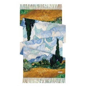 Van Gogh Wheat Field oil painting cashmere scarf with long tassels on white background