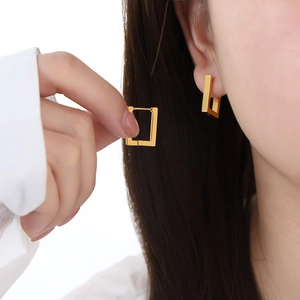 Minimalist rectangular geometric gold plated titanium steel hoop earrings for women
