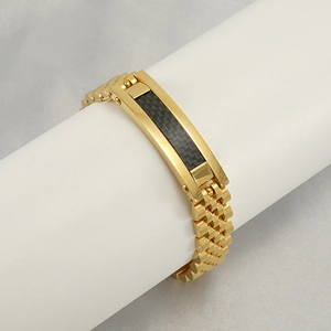 Bracelet pour homme en acier inoxydable doré 18K avec insert en fibre de carbone