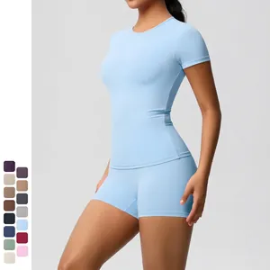 Women Top And Bottom Nylon Spandex Yoga Workout Tracksuit Slim Fit Short Sleeve T-Shirt And High Waist Biker Shorts Athletic Clothing