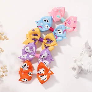 Set of 5 Halloween cartoon bow clips in colorful grosgrain ribbon with festive spooky patterns