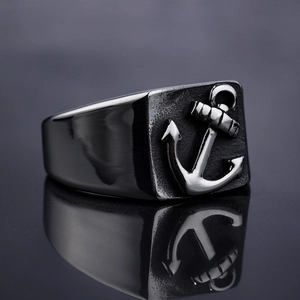 Vintage stainless steel nautical anchor signet ring for men in polished black finish