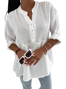 Elegant white V-neck cotton shirt with lace splicing and buttoned long sleeves for women