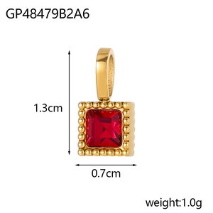 Close-up of 18K gold plated pendant with square red zircon stone, size 1.3cm x 0.7cm