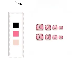 Detail of pink butterfly press-on toenails featuring realistic patterns on a soft nude base