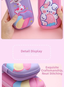 Macro detail of high-quality stitching and embossed 3D texture on the cartoon pencil case