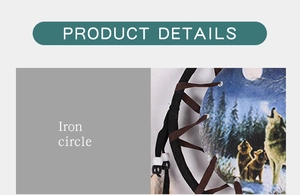 Detail of dreamcatcher featuring wolf print center piece and black beaded iron circle