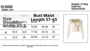 Detailed size chart for long sleeve tie-dye mesh top with ruched bustier design details