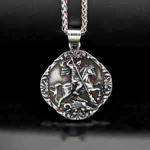 Polished stainless steel Viking St. George Slaying the Dragon pendant necklace