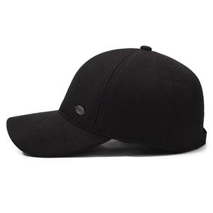 Classic men black winter baseball cap with thick wool fabric and side metal emblem