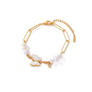 Elegant 14K gold plated stainless steel butterfly pearl bracelet with a lobster clasp