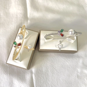 Luxury 18k gold plated butterfly pearl jewelry set with colorful zirconia bracelets and rings