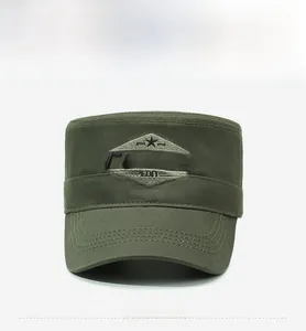 Detailed front view of green military flat top cap with embroidered CORPS patch