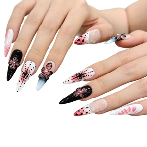 3D floral handmade press-on nails in black and pink stiletto style with star patterns