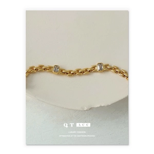 18K gold plated brass chain bracelet with rectangular diamonds in luxury fashion style
