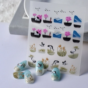 5D Embossed Nail Art Stickers Chinese Style Relief Flowers Crane Ink Painting Design Self Adhesive For Women