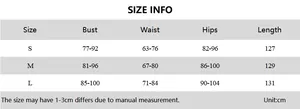 Detailed size chart for backless ruched dress with bust, waist and hip measurements