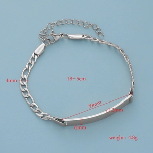 Detailed view of polished stainless steel Figaro ID bracelet with engraving bar