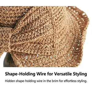 Sombrero de paja para mujer con lazo y ala con alambre ajustable para estilo variado