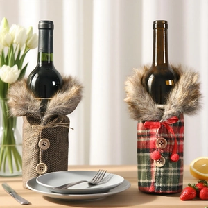 Detail of Christmas wine bottle covers with faux fur collars and wooden button accents