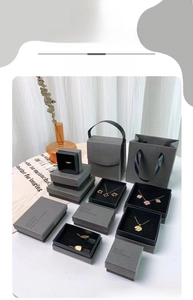 Detail of charcoal grey jewelry box set with lid and matching paper gift bag