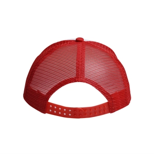 Detail view of the red mesh trucker hat with an adjustable snapback closure for kids
