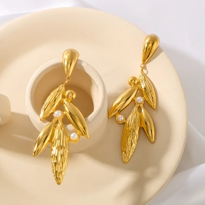 18k gold plated leaf earrings with pearls and textured geometric leaf design