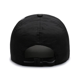 Breathable black outdoor sports cap with reflective strap and adjustable buckle closure