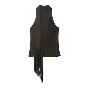 Satin halter neck top with long tassel scarf detail in black on white background