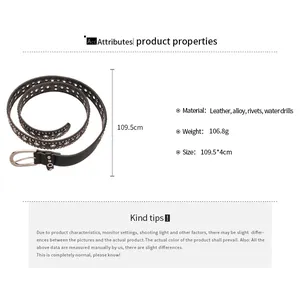 Detailed size chart for the punk leather belt with silver rivets and shiny rhinestones
