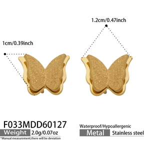 Detail view of 18k gold plated matte butterfly studs showing 1.2cm width dimensions