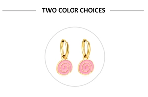 Detail of 18K gold stainless steel hoop earrings with pink enamel swirl charms