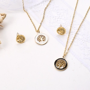 18k gold plated tree of life jewelry set featuring dual tone necklaces and stud earrings