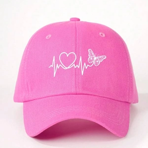 Close-up of pink cotton baseball cap featuring embroidered heart and butterfly graphics