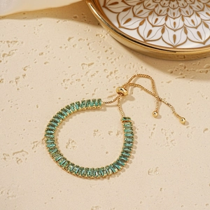 Adjustable gold-plated hip hop bracelet with micro-pave green rectangular zircons