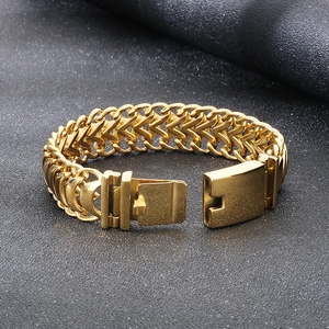 Men's bold gold-plated double dragon bone chain bracelet with sleek press buckle clasp