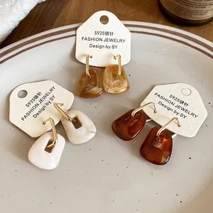 Three pairs of retro square acrylic hoop earrings with S925 silver pins in amber and ivory
