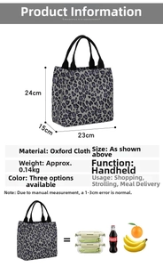 Detail view of leopard print lunch bag with oxford cloth texture and size specifications