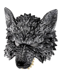 Detailed view of silver wolf mask with realistic fur texture and sharp yellow teeth