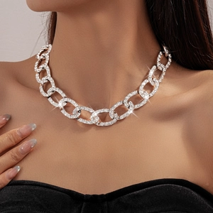 Chunky Chain Necklace Full Rhinestone Alloy Clavicle Choker With Toggle Clasp Silver Tone Hip Hop Jewelry For Women