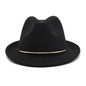 Classic black wool fedora hat for women with elegant gold metal band trim for autumn winter