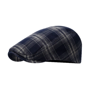 Classic dark blue plaid flat cap for men and women in vintage autumn winter wool blend style