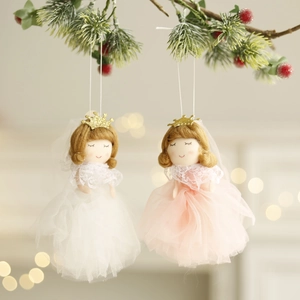 Pink and white Christmas angel doll ornaments with sequin crowns and lace dresses