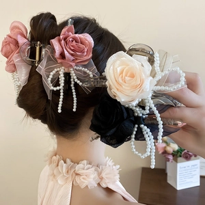 Molletta Per Capelli Grande Rosa Fiore Tessuto Fiocco Imitazione Perla Artificial Nappina Elegante Stile Francese Accessorio Donna