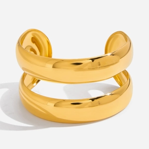 Minimalist 18K Gold Plated Stainless Steel Double Layer Hollow Open Cuff Bracelet For Women High End Jewelry Gift