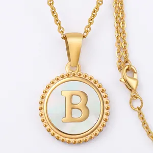 18K Gold Plated Stainless Steel Initial Necklace For Women Round Coin Pendant With Mother Of Artificial Pearl Inlay Alphabet Letter
