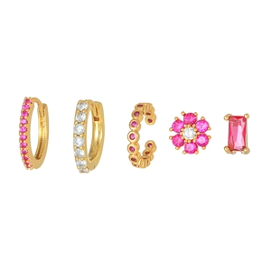 5-piece gold floral earring set featuring pink rhinestones and white pearl studs