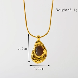 Gold plated stainless steel necklace with brown oval gemstone and snake chain detail